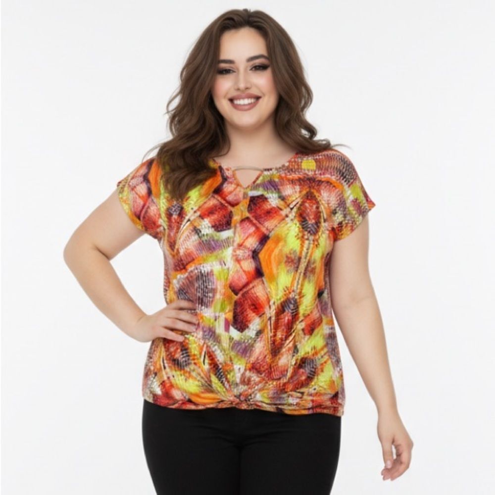 Multi colored front knot sleeveless shell blouse